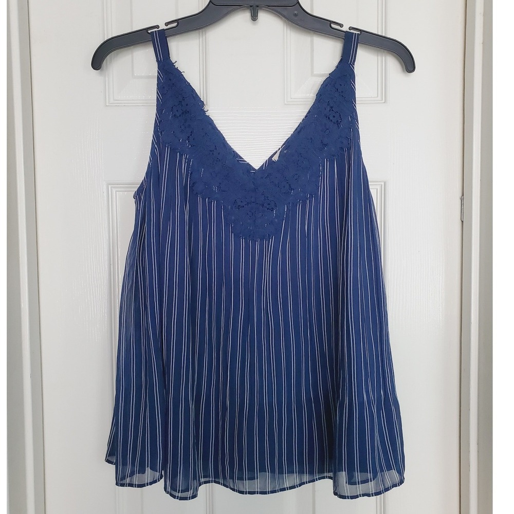 Chico's Flowy Camisole Tank Top Blue Striped Lace Trim V-Neck Chiffon XS